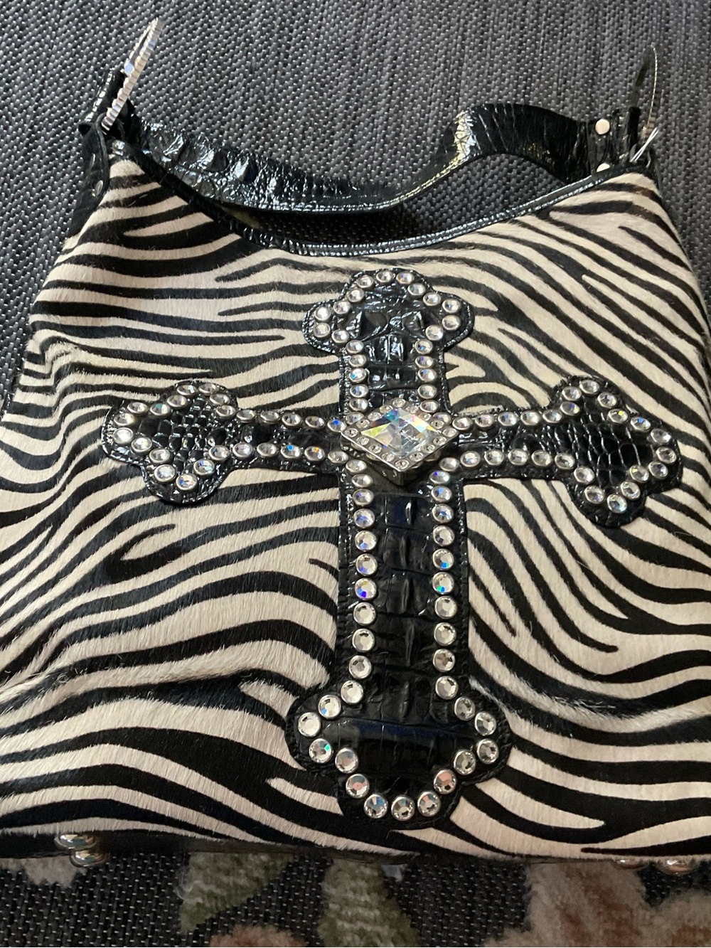 Raviani Zebra-Print Shoulder Bag with Crystal Cross - Black & White